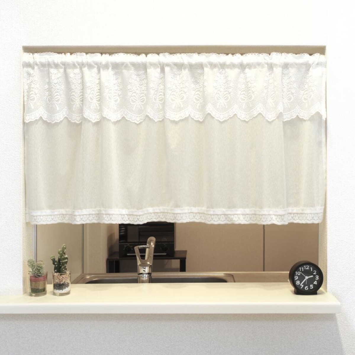 Elegant Japanese Cafe Curtain, Frill Top, Ruffled, White, Sheer Valance 47.2x17.7 in, Cottage Kitchen