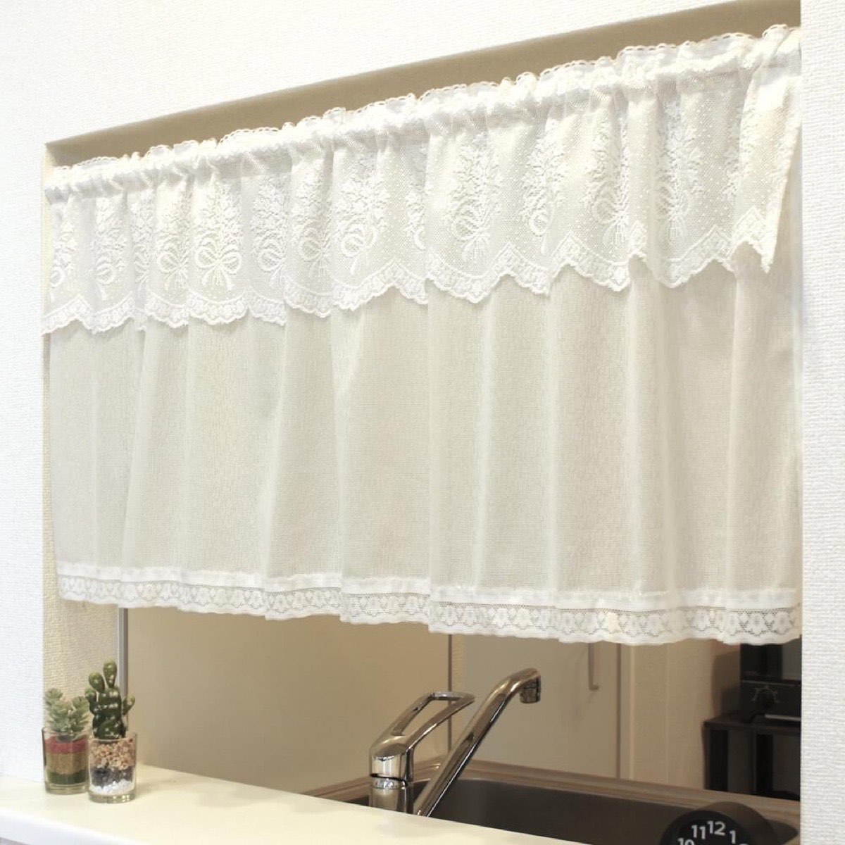 Elegant Japanese Cafe Curtain, Frill Top, Ruffled, White, Sheer Valance 47.2x17.7 in, Cottage Kitchen — view 10