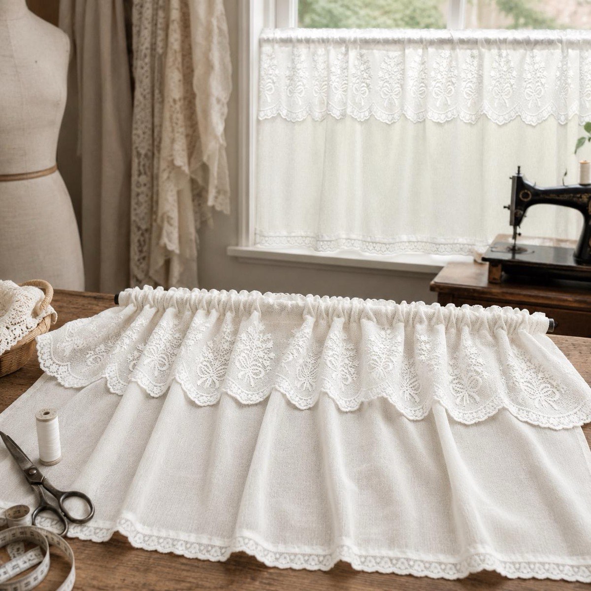 Elegant Japanese Cafe Curtain, Frill Top, Ruffled, White, Sheer Valance 47.2x17.7 in, Cottage Kitchen — view 4