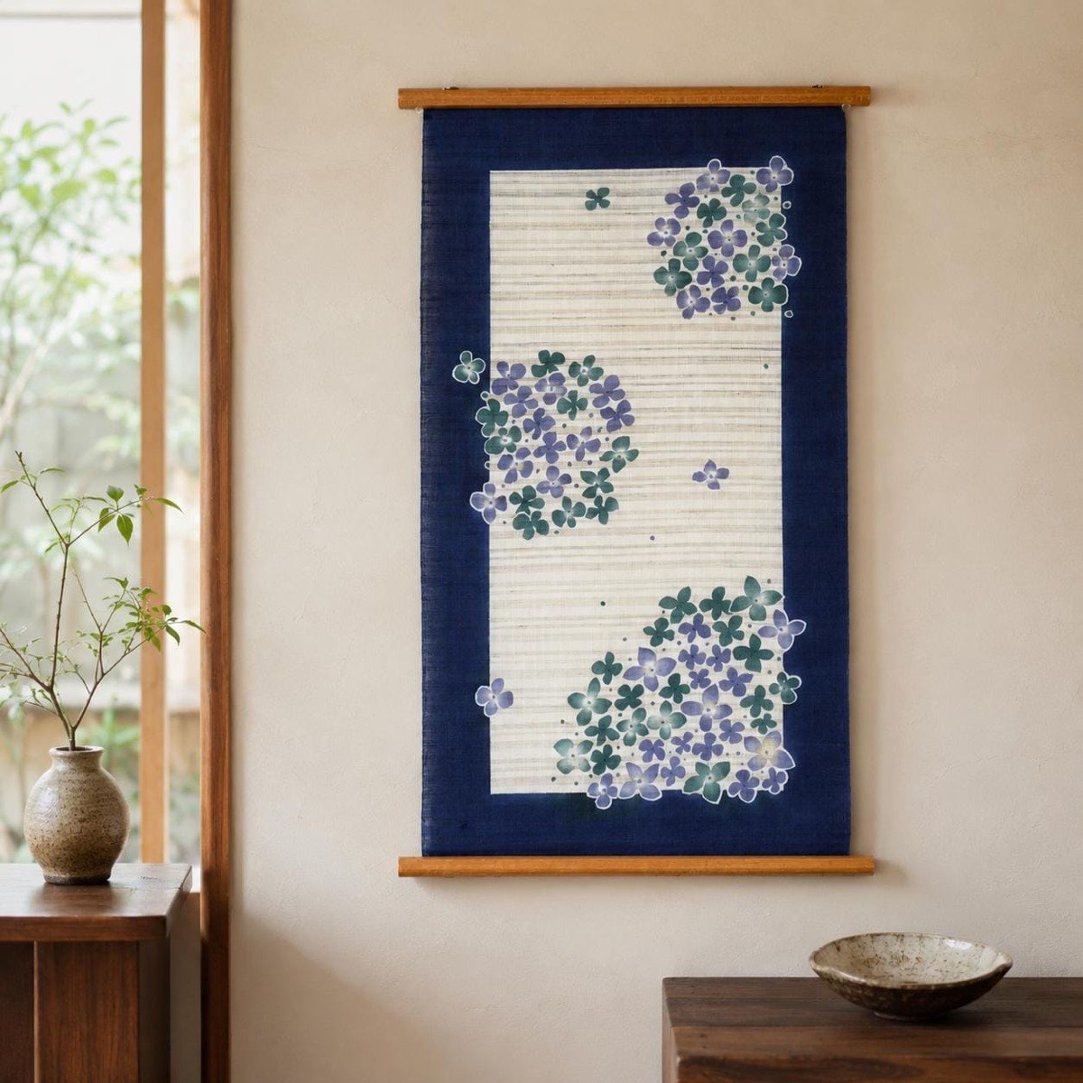 Hand Painted Hydrangea Linen Tapestry, Japanese Wall Art, 17.7 x 33.5 in — view 8