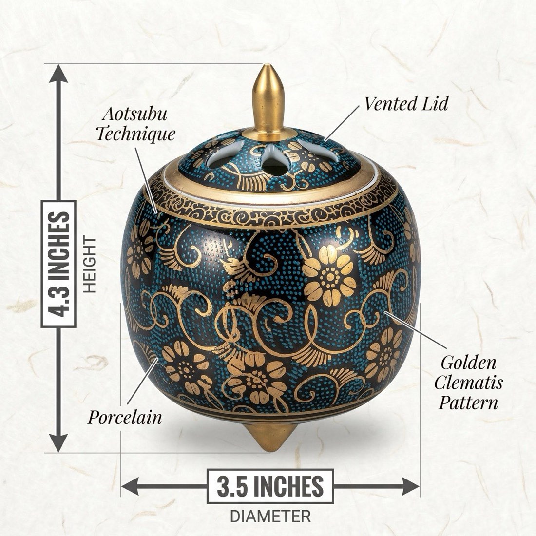 Japanese Incense Burner, Kutani Ware Blue Dot Clematis Porcelain Koro, Incense Holder — view 3