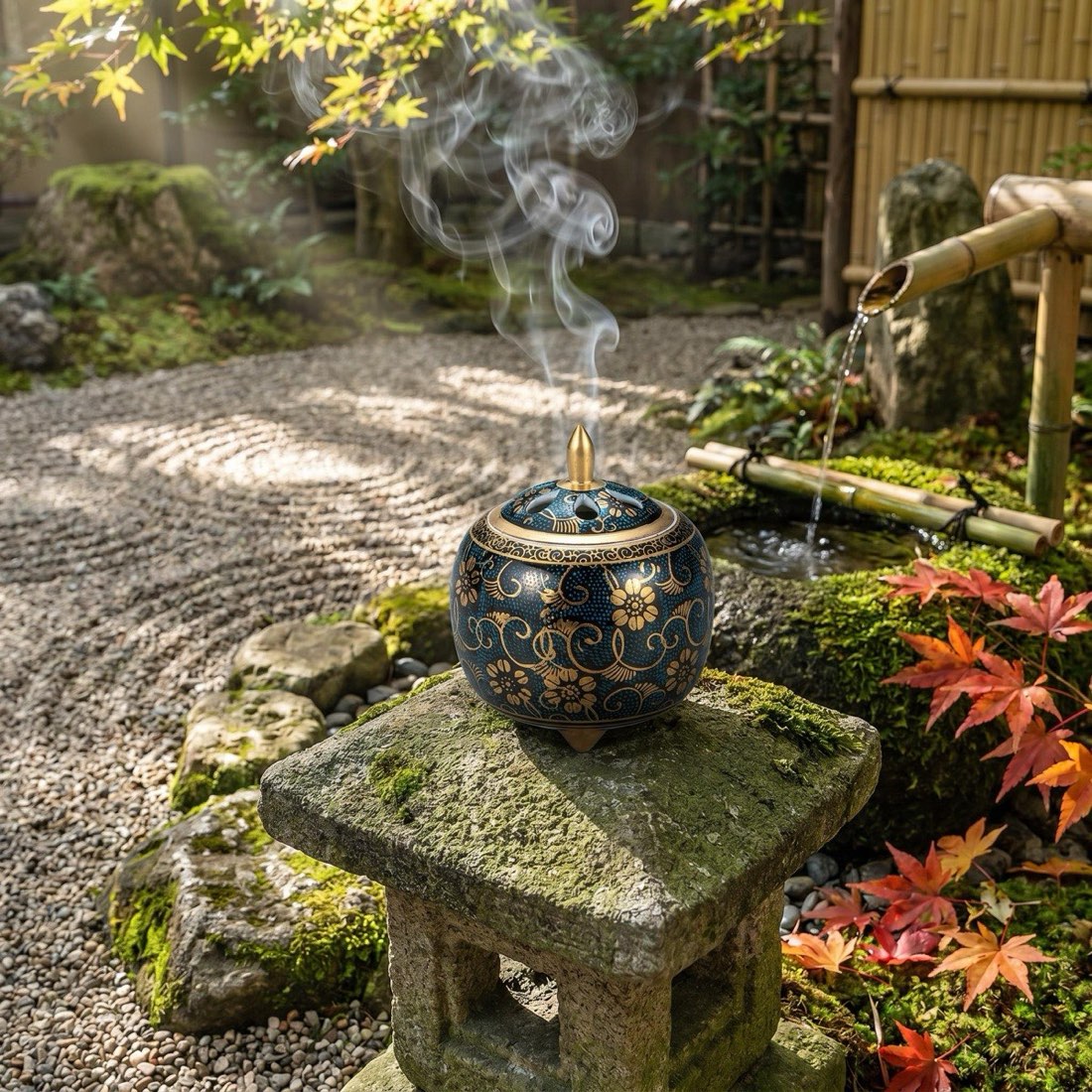 Japanese Incense Burner, Kutani Ware Blue Dot Clematis Porcelain Koro, Incense Holder — view 9