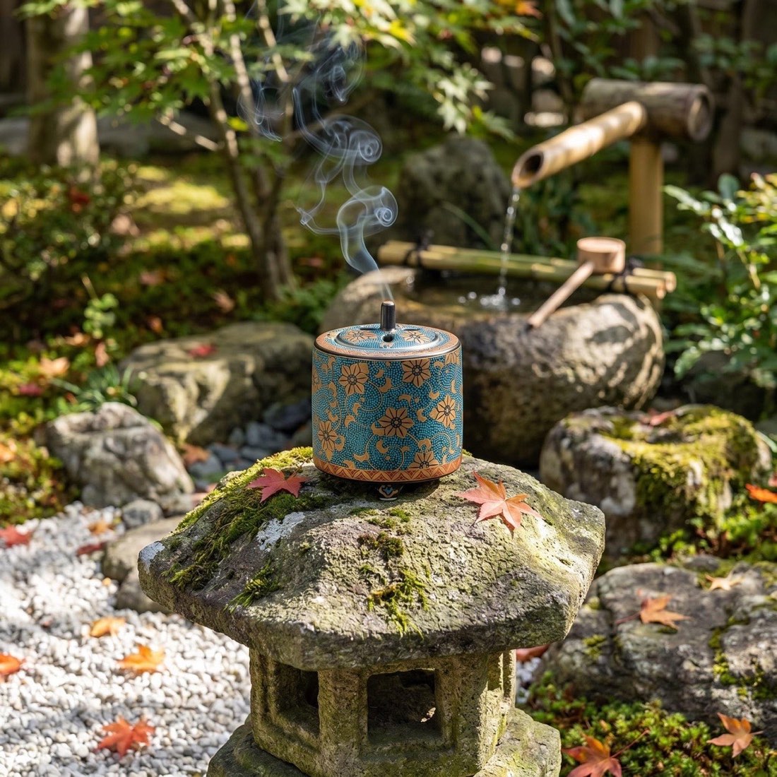 Japanese Incense Burner, Kutani Ware Blue Dot Gold Clematis Koro, Incense Holder — view 10