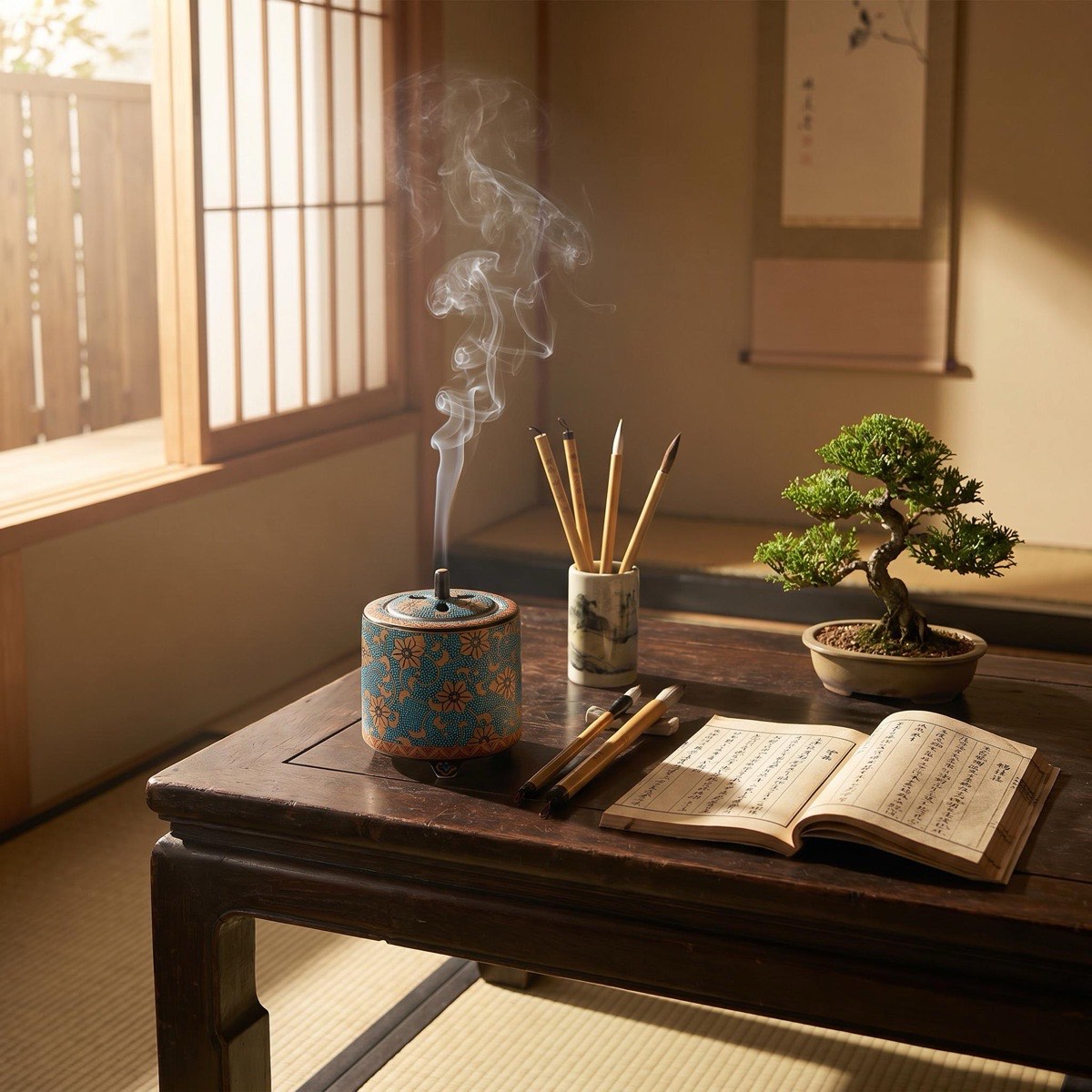 Japanese Incense Burner, Kutani Ware Blue Dot Gold Clematis Koro, Incense Holder — view 2
