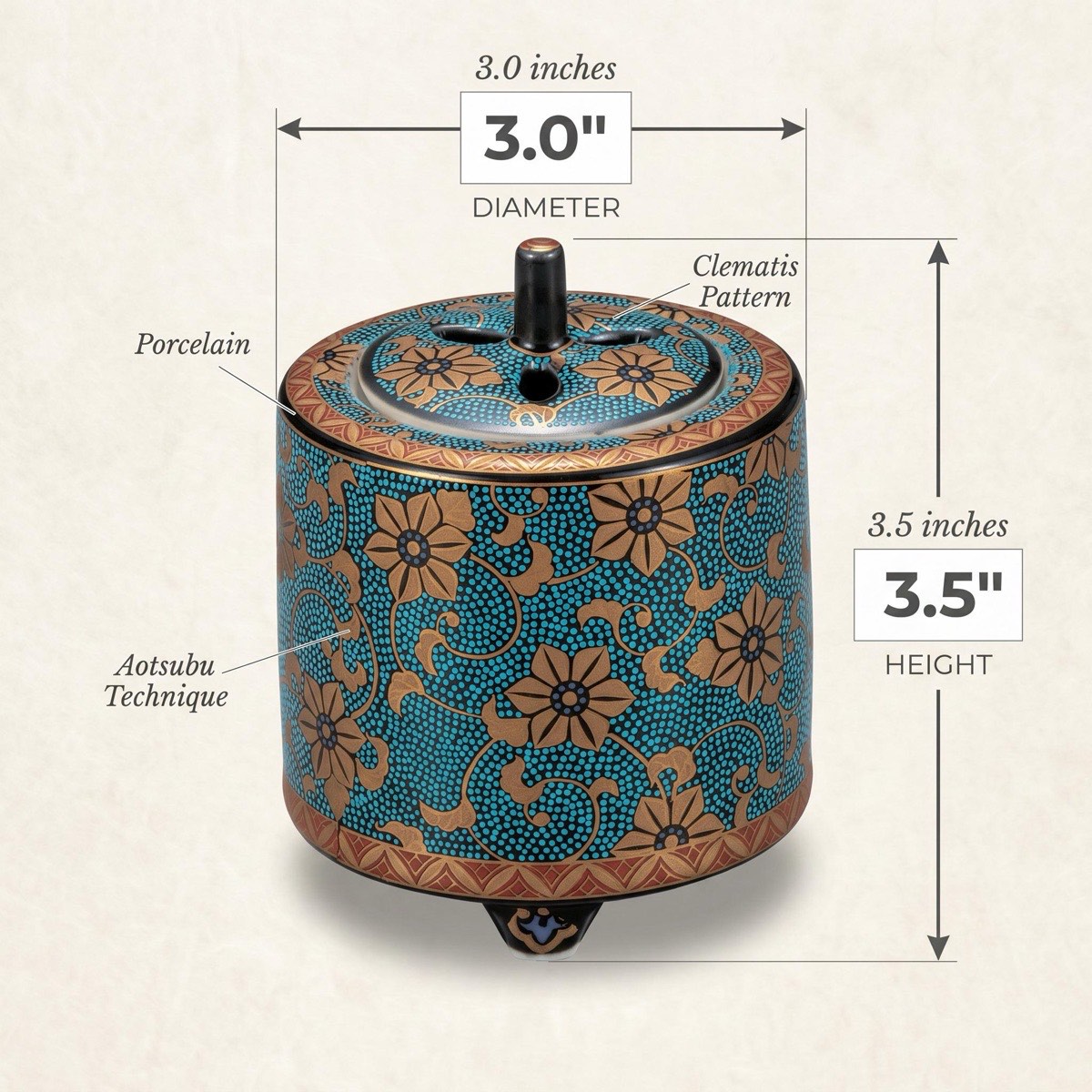 Japanese Incense Burner, Kutani Ware Blue Dot Gold Clematis Koro, Incense Holder — view 3