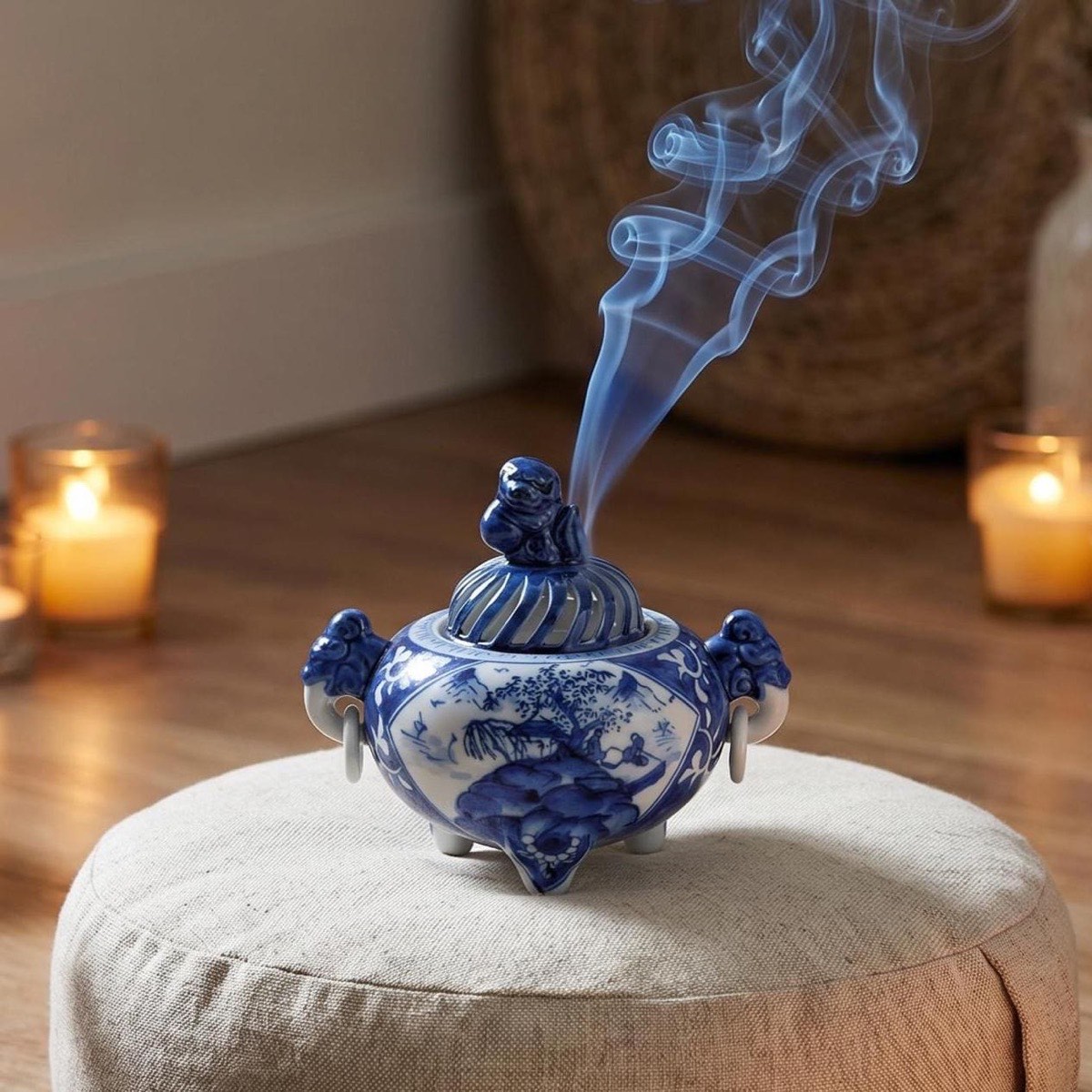 Japanese Incense Burner, Kutani Ware Blue Landscape Porcelain Koro, Zen Home Decor