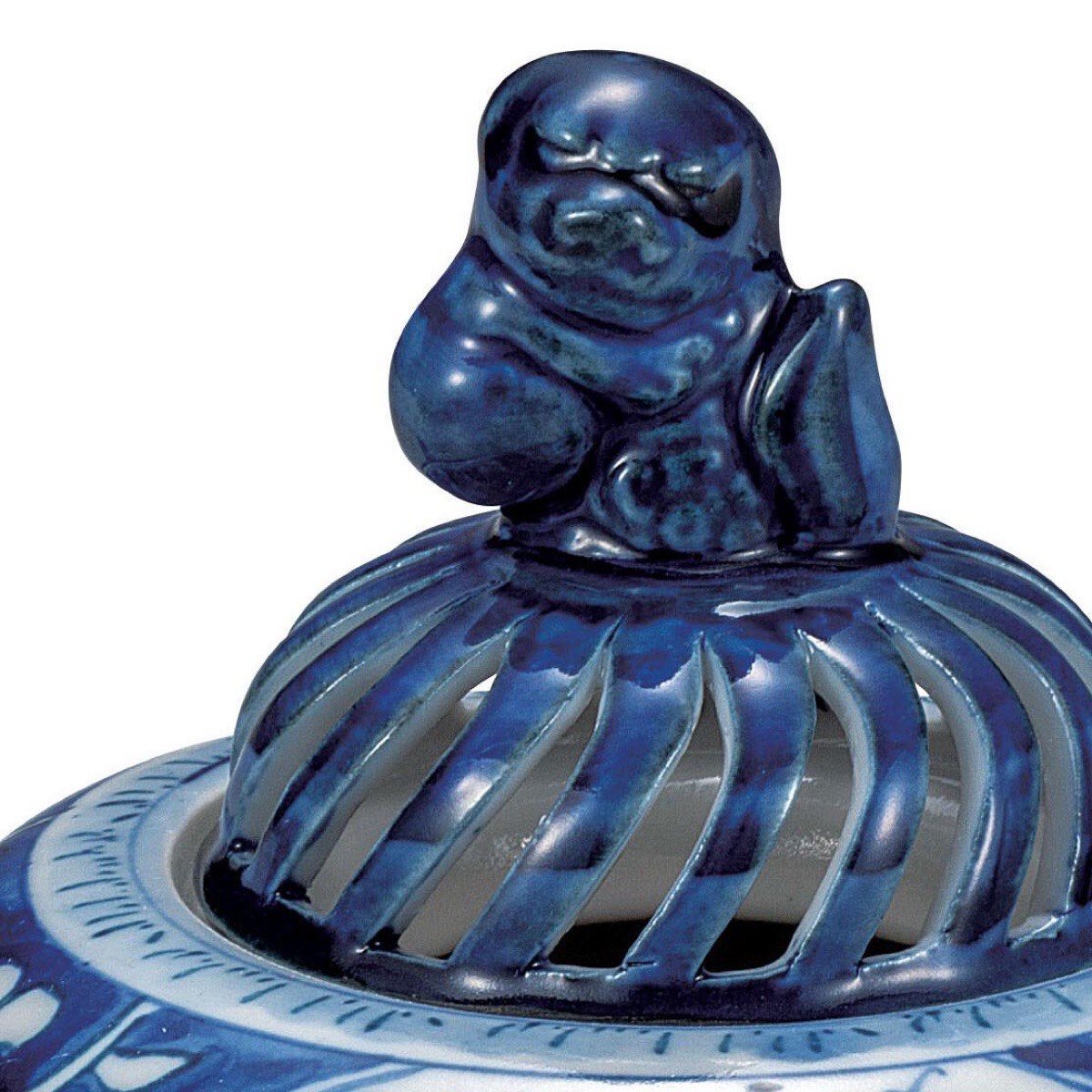 Japanese Incense Burner, Kutani Ware Blue Landscape Porcelain Koro, Zen Home Decor — view 4