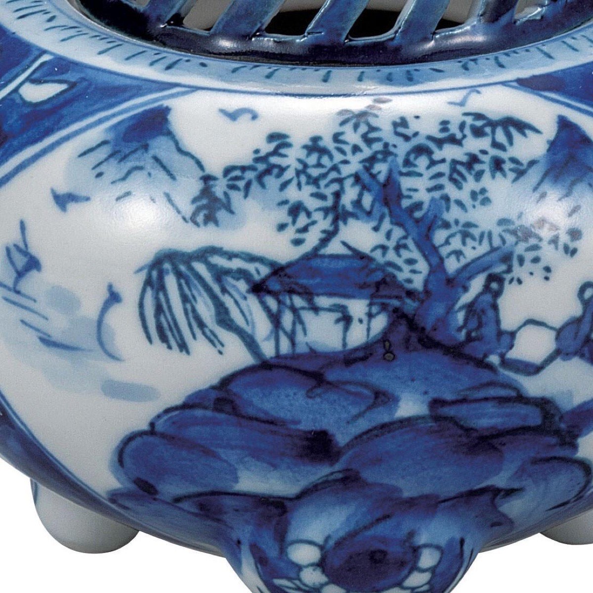 Japanese Incense Burner, Kutani Ware Blue Landscape Porcelain Koro, Zen Home Decor — view 5