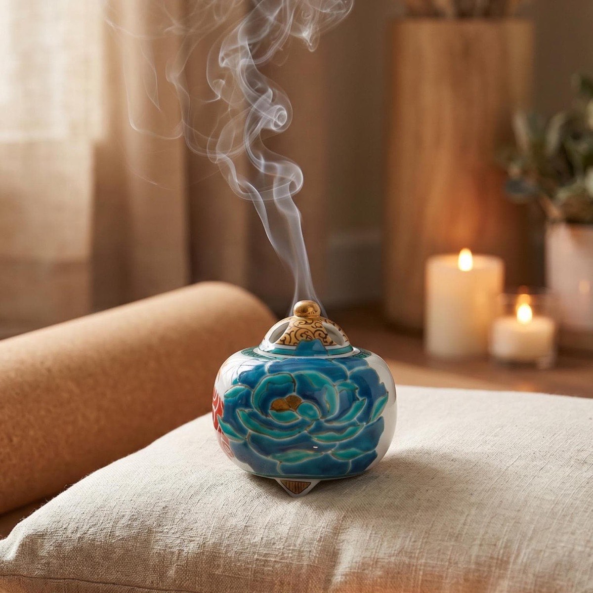 Japanese Incense Burner, Kutani Ware Blue Peony Porcelain Koro, Japanese Decor