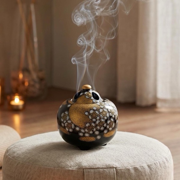Japanese Incense Burner, Kutani Ware Gold Plum Moon Porcelain Koro, Tea Room Decor