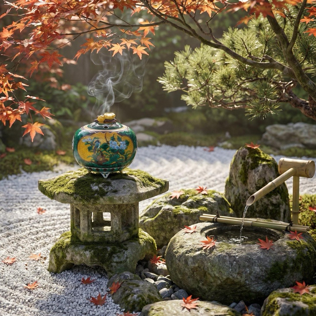 Japanese Incense Burner, Kutani Ware Ko-Kutani Flower Bird Koro, Tea Room Decor — view 10