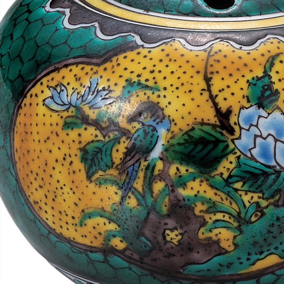 Japanese Incense Burner, Kutani Ware Ko-Kutani Flower Bird Koro, Tea Room Decor — view 5