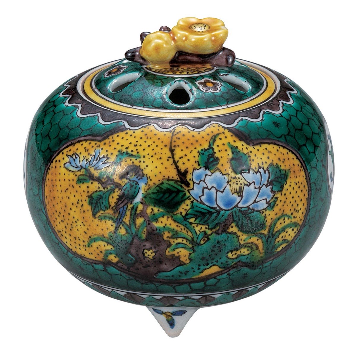 Japanese Incense Burner, Kutani Ware Ko-Kutani Flower Bird Koro, Tea Room Decor — view 7