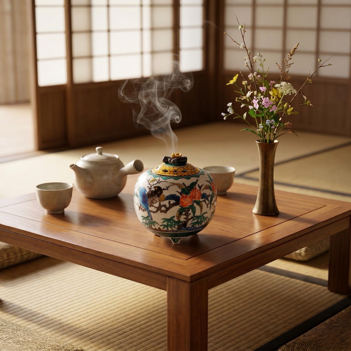 Japanese Incense Burner, Kutani Ware Ko-Kutani Flower Bird Porcelain Koro, Incense Holder — view 2