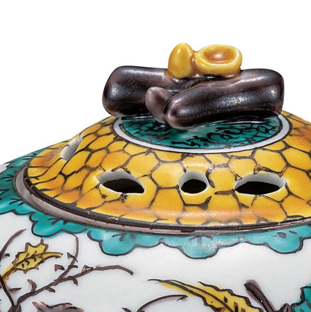 Japanese Incense Burner, Kutani Ware Ko-Kutani Flower Bird Porcelain Koro, Incense Holder — view 4