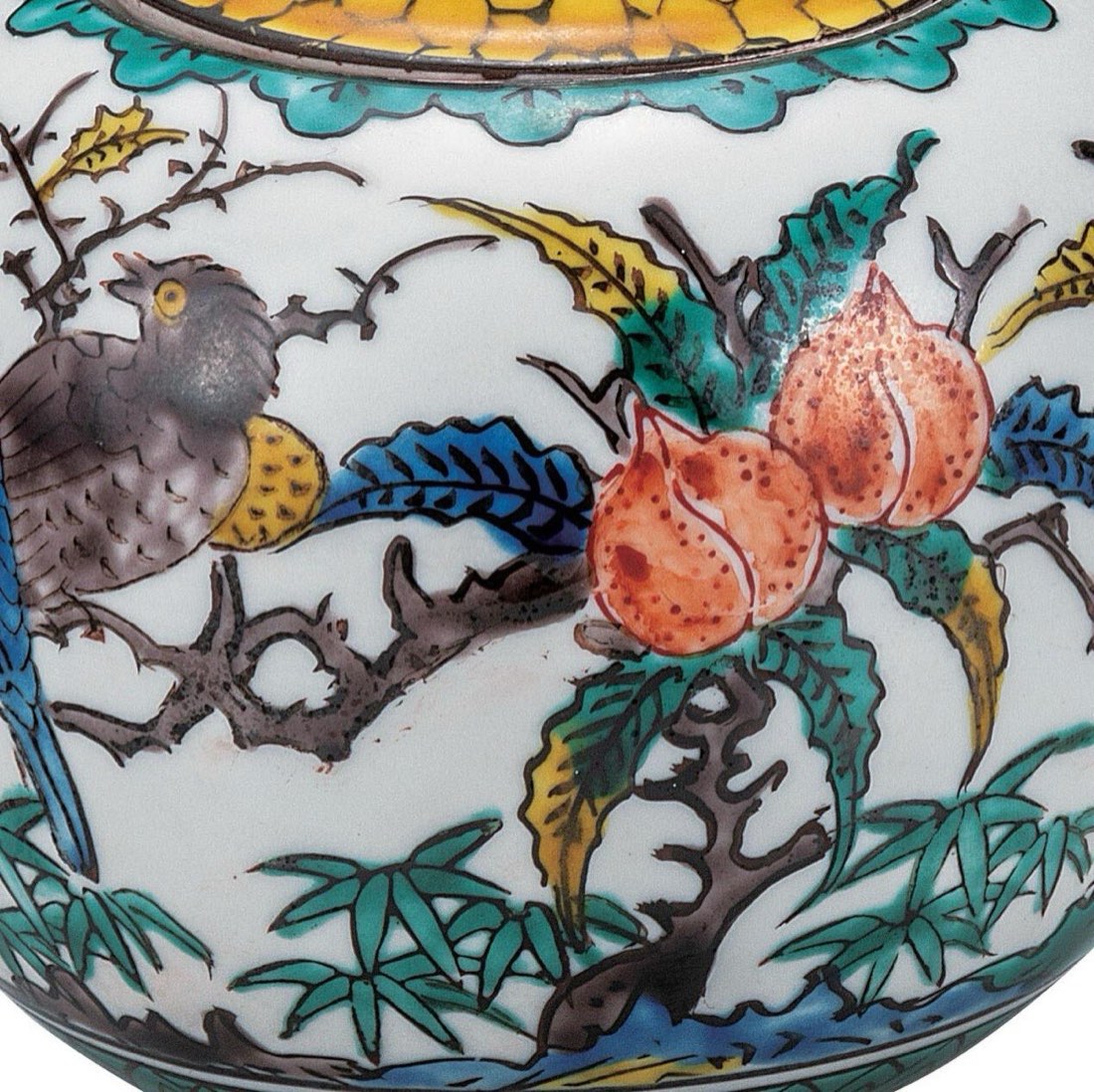 Japanese Incense Burner, Kutani Ware Ko-Kutani Flower Bird Porcelain Koro, Incense Holder — view 5