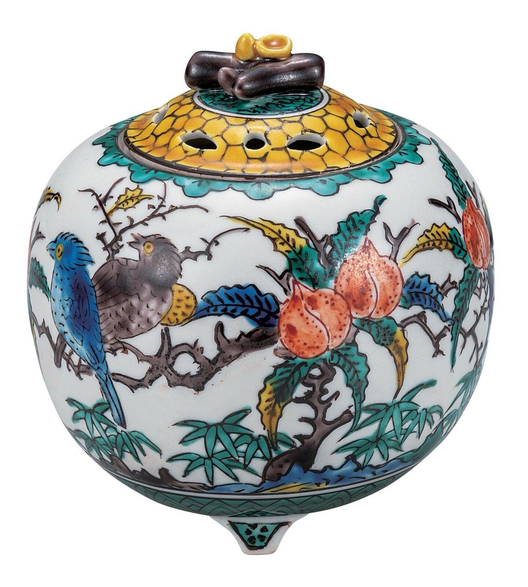 Japanese Incense Burner, Kutani Ware Ko-Kutani Flower Bird Porcelain Koro, Incense Holder — view 7