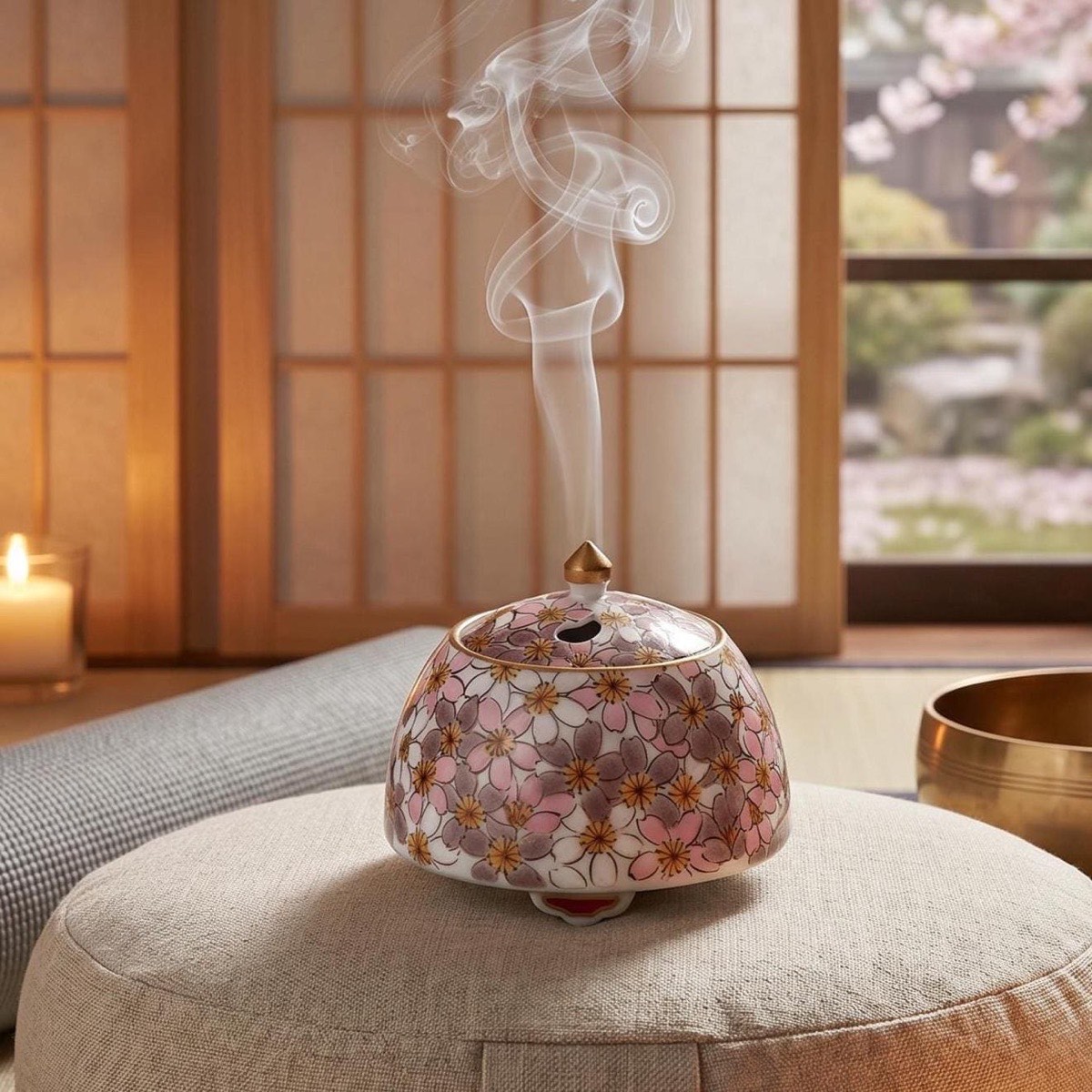 Japanese Incense Burner, Kutani Ware Sakura Porcelain Koro, Incense Holder, Made in Japan