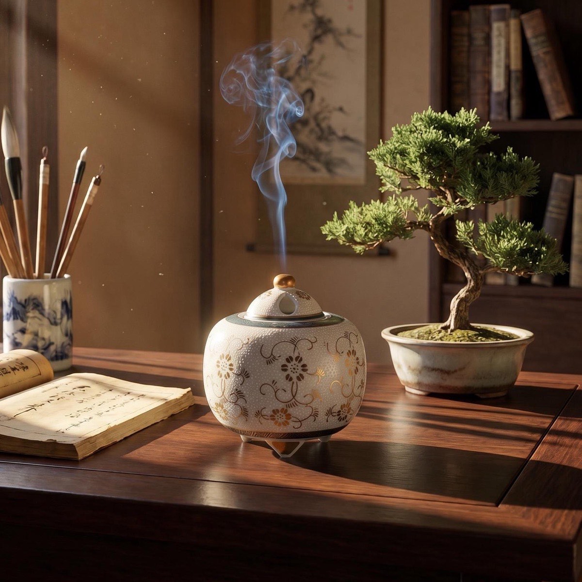 Japanese Incense Burner, Kutani Ware White Dot Clematis Koro, Tea Room Decor
