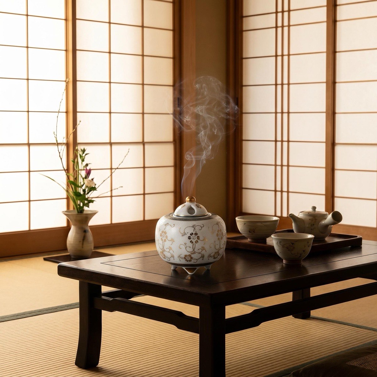 Japanese Incense Burner, Kutani Ware White Dot Clematis Koro, Tea Room Decor — view 9