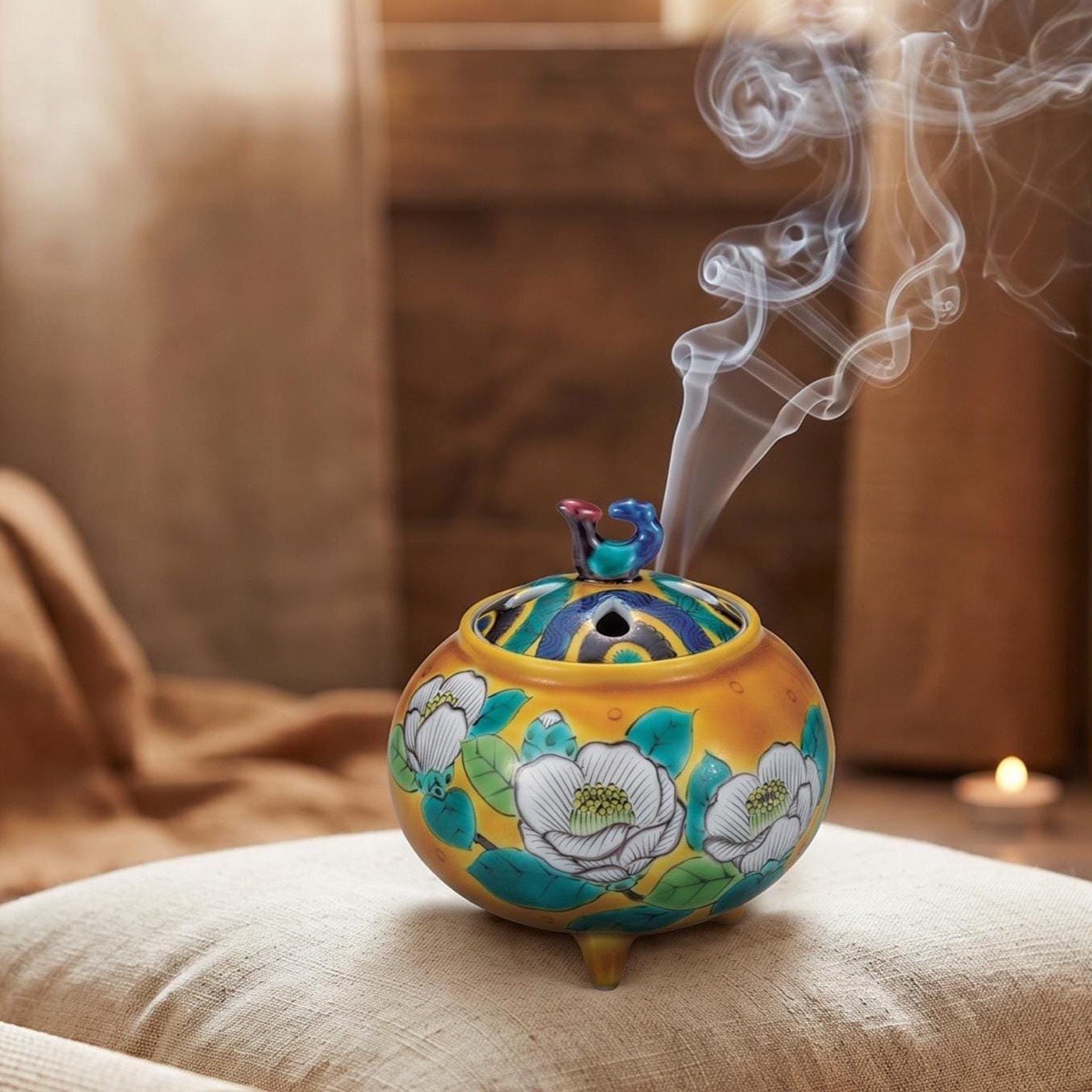 Japanese Incense Burner, Kutani Ware Yoshidaya Camellia Porcelain Koro