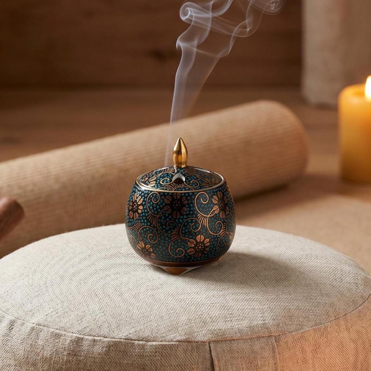 Japanese Incense Burner, Mini Kutani Ware Blue Dot Clematis Porcelain Koro