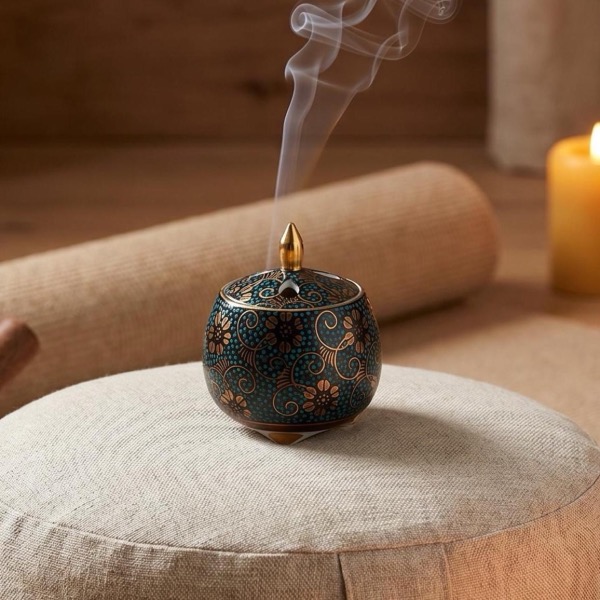 Japanese Incense Burner, Mini Kutani Ware Blue Dot Clematis Porcelain Koro