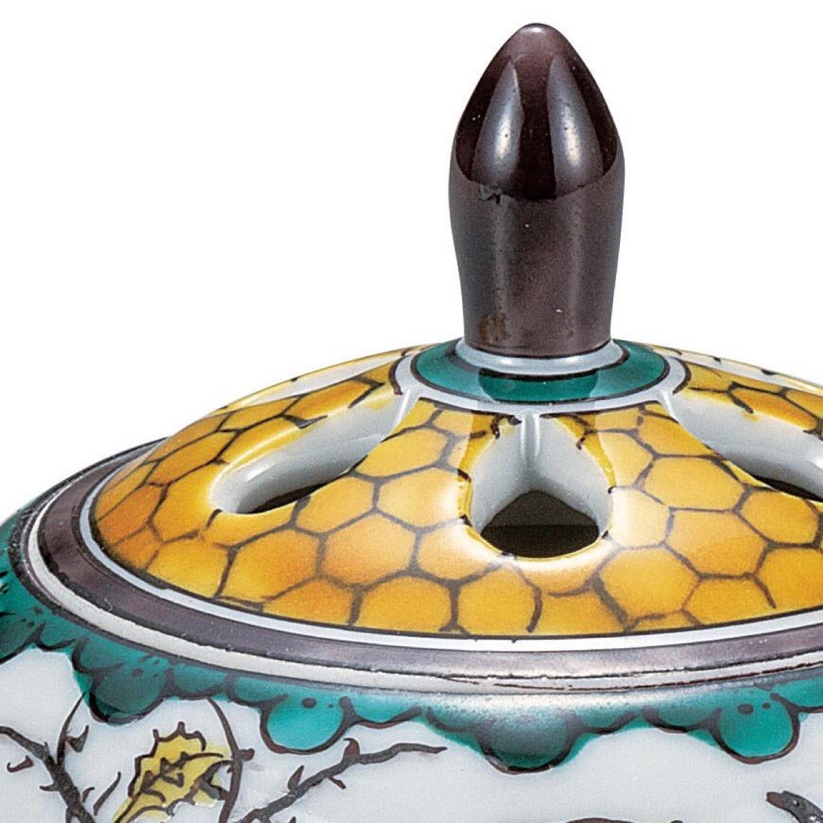 Japanese Incense Burner, Small Kutani Ware Ko-Kutani Flower Bird Porcelain Koro — view 4