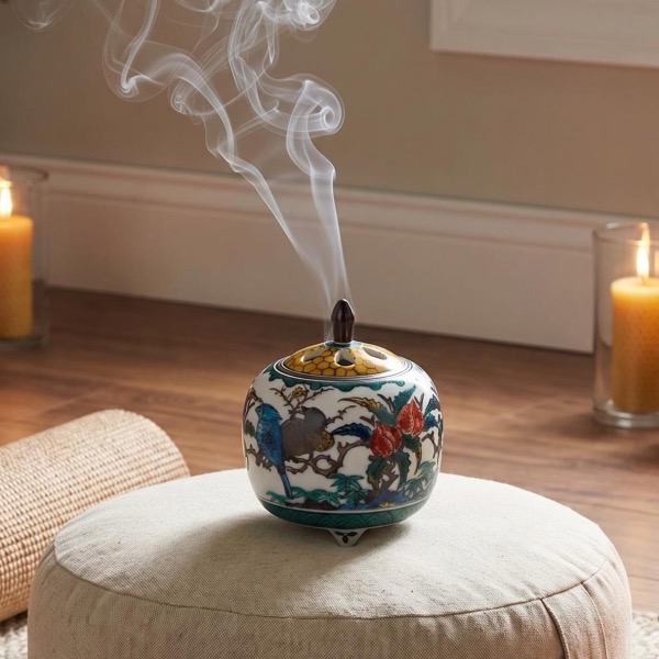 Japanese Incense Burner, Small Kutani Ware Ko-Kutani Flower Bird Porcelain Koro