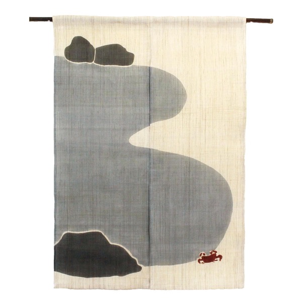 Japanese Linen Noren Curtain, Crab Motif, Indigo-Gray Dye, Handwoven Textile (33.1 x 47.2 in)