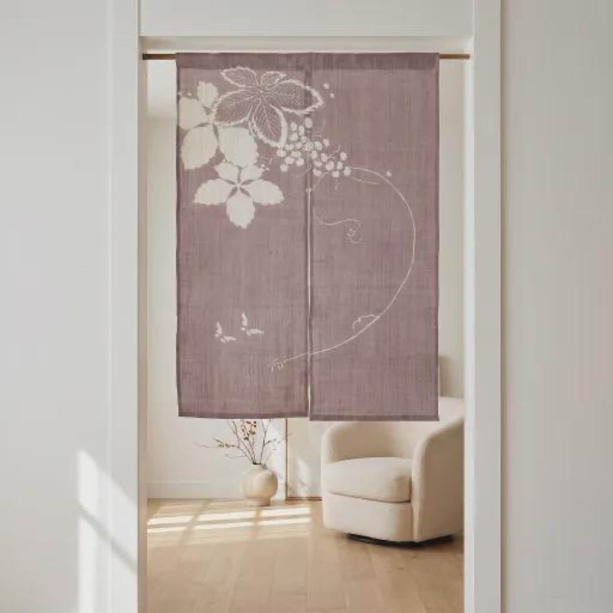 Japanese Linen Noren Curtain, Grape Butterfly Motif, Shiso Gray, 33.1 x 47.2 in — view 10