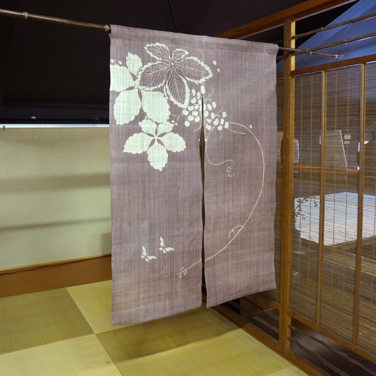 Japanese Linen Noren Curtain, Grape Butterfly Motif, Shiso Gray, 33.1 x 47.2 in — view 2
