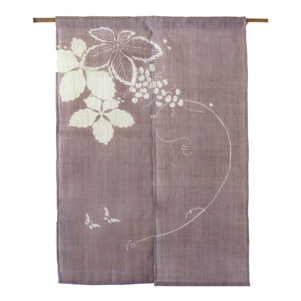 Japanese Linen Noren Curtain, Grape Butterfly Motif, Shiso Gray, 33.1 x 47.2 in