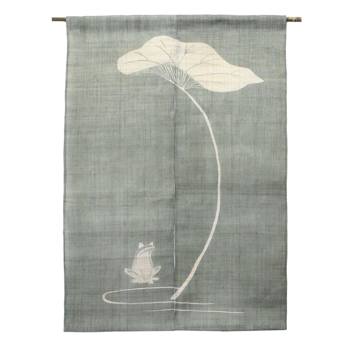 Japanese Linen Noren Curtain, Hand-Dyed Frog Motif, Gray Green, 33.1 x 47.2 in