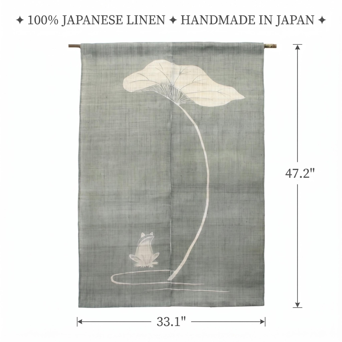 Japanese Linen Noren Curtain, Hand-Dyed Frog Motif, Gray Green, 33.1 x 47.2 in — view 3