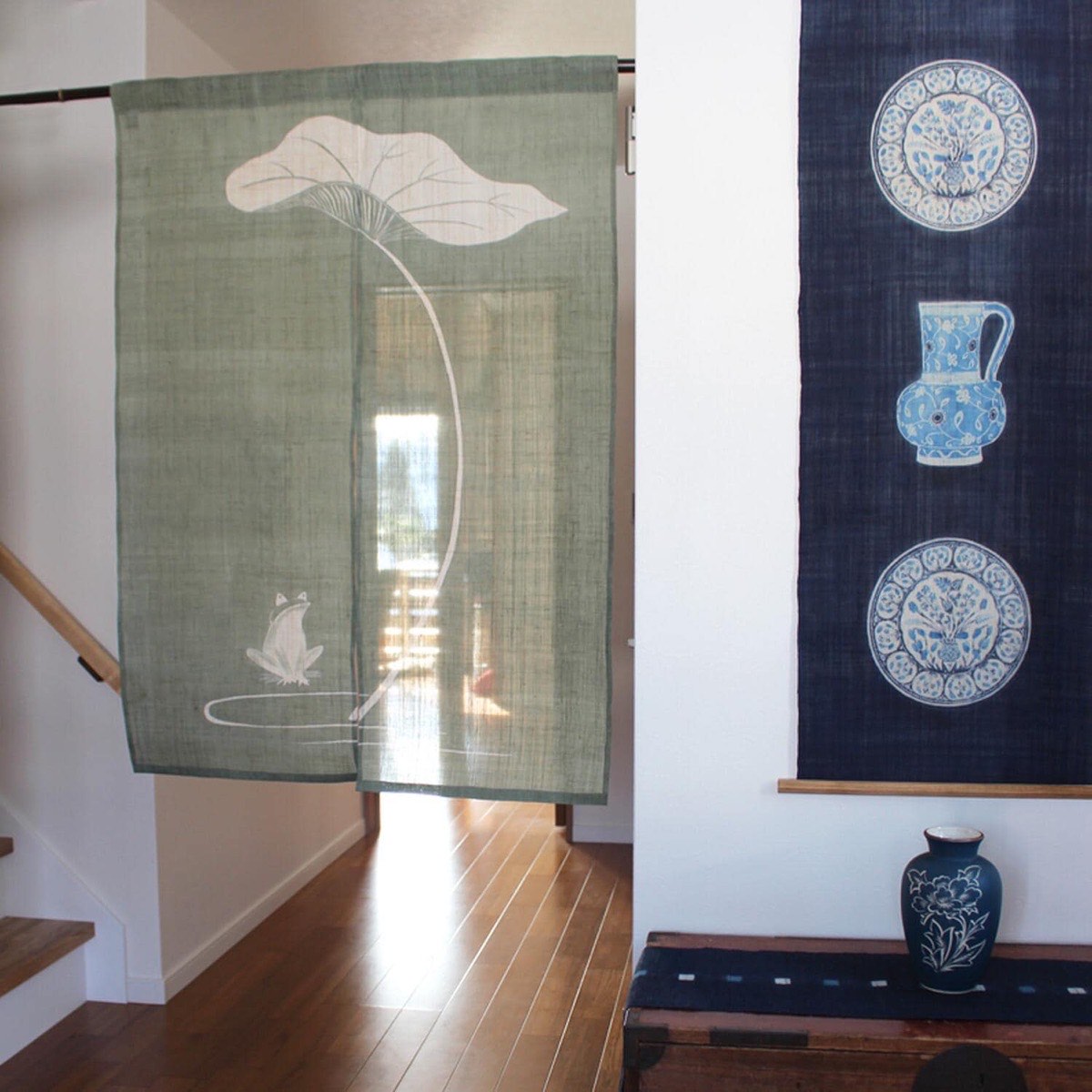 Japanese Linen Noren Curtain, Hand-Dyed Frog Motif, Gray Green, 33.1 x 47.2 in — view 7