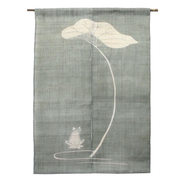 Japanese Linen Noren Curtain, Hand-Dyed Frog Motif, Gray Green, 33.1 x 47.2 in