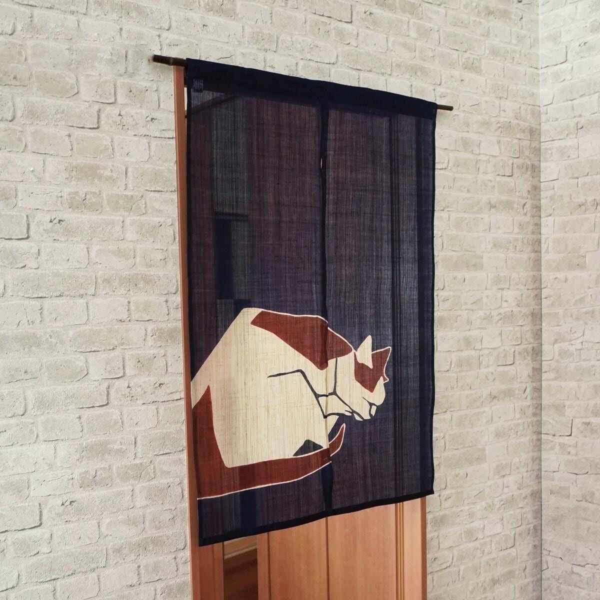 Japanese Linen Noren Curtain, Indigo Cat Motif, Taisho-era Design, 33.1 x 47.2 in — view 3