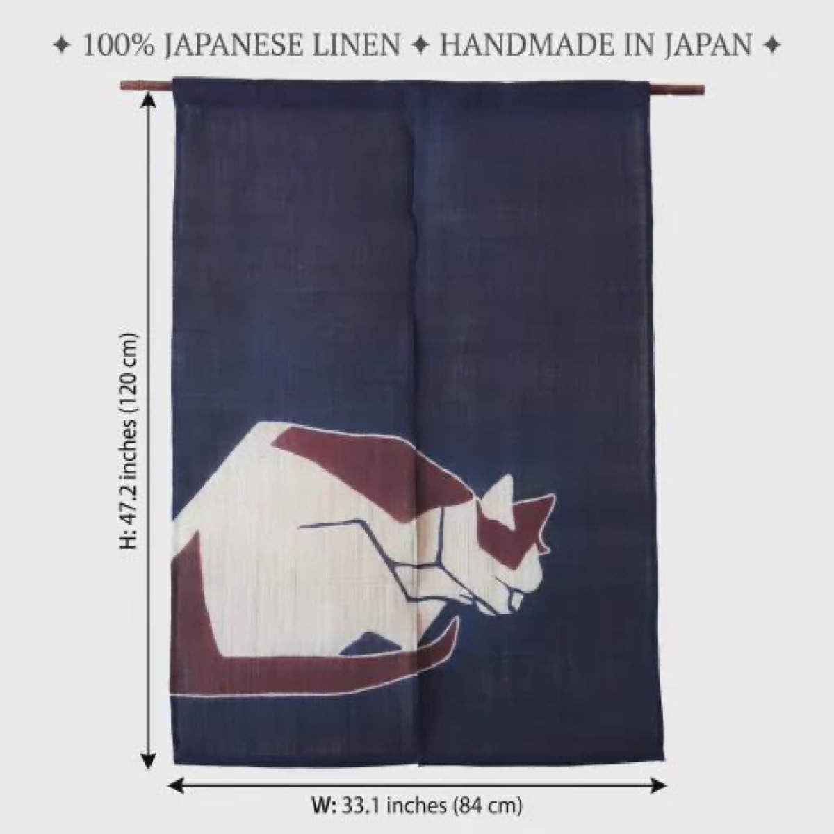 Japanese Linen Noren Curtain, Indigo Cat Motif, Taisho-era Design, 33.1 x 47.2 in — view 4