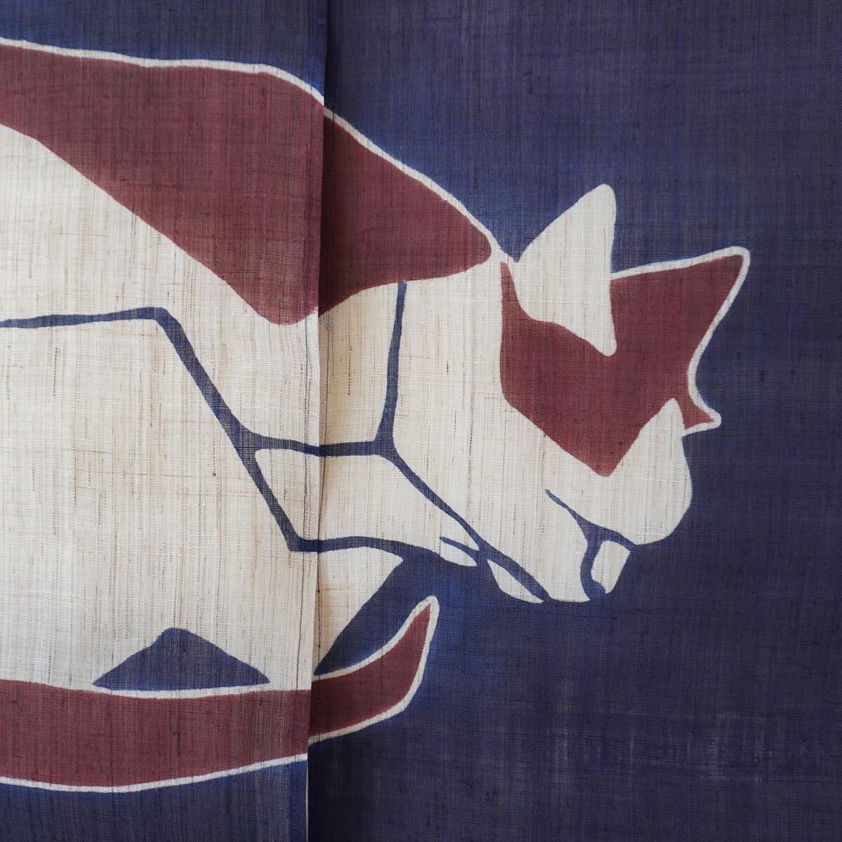 Japanese Linen Noren Curtain, Indigo Cat Motif, Taisho-era Design, 33.1 x 47.2 in — view 7