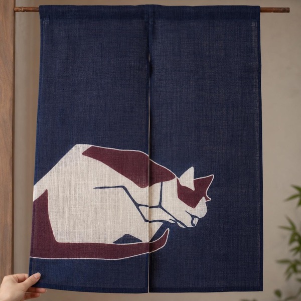 Japanese Linen Noren Curtain, Indigo Cat Motif, Taisho-era Design, 33.1 x 47.2 in