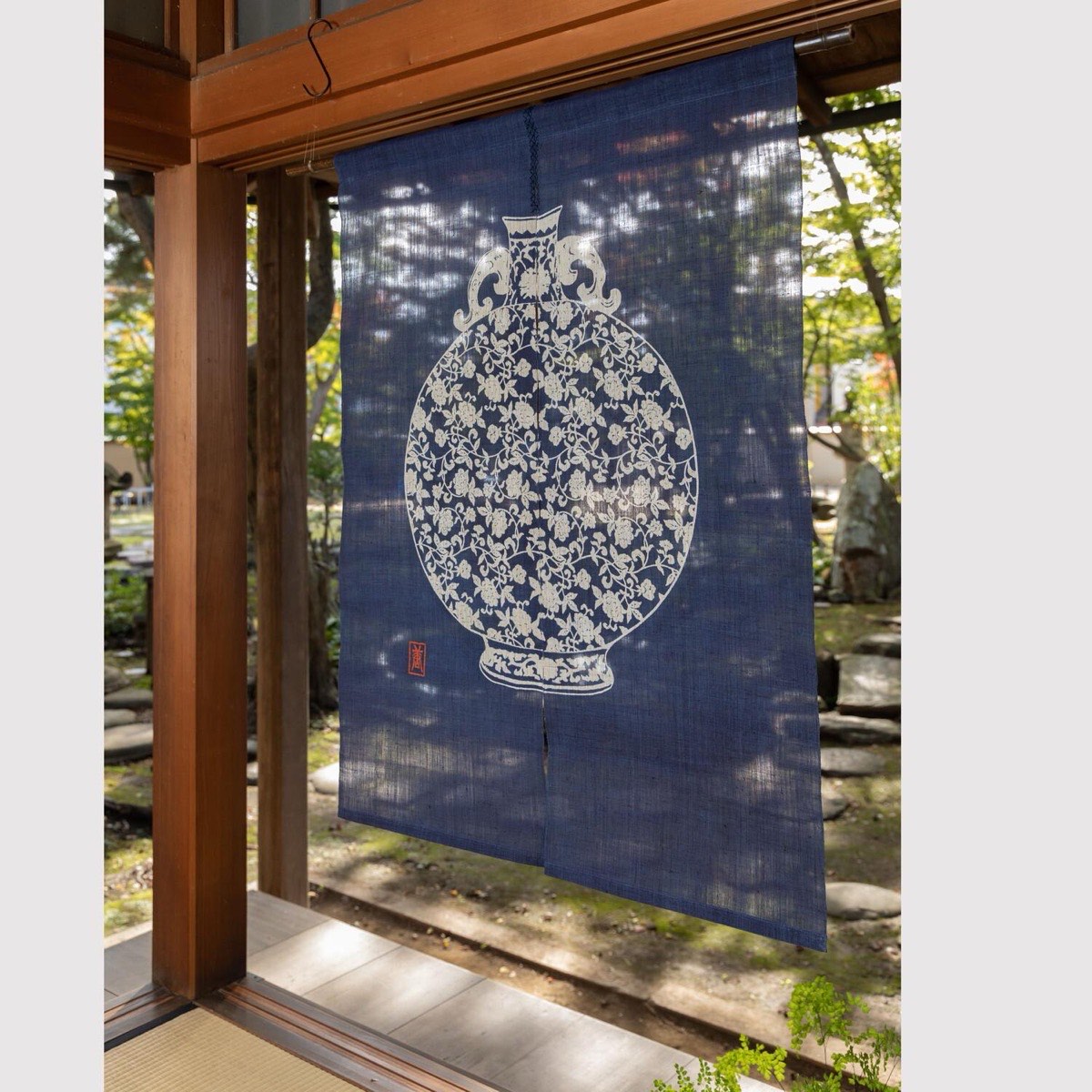 Japanese Linen Noren Curtain, Indigo Jar Motif, Hand-Dyed Textile Divider — view 7
