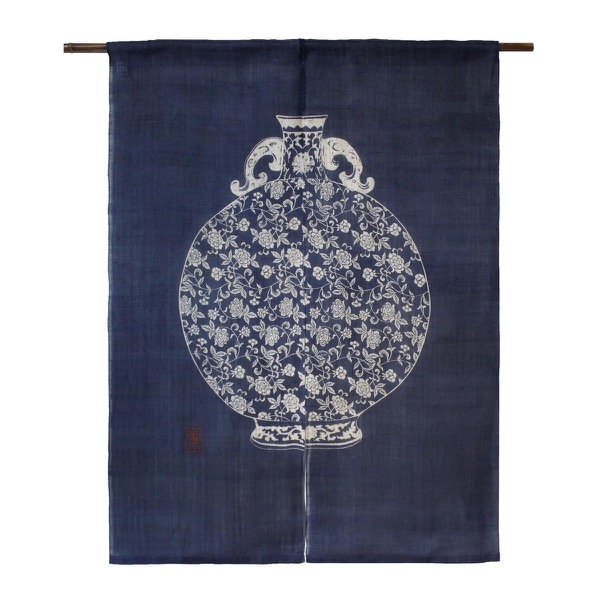 Japanese Linen Noren Curtain, Indigo Jar Motif, Hand-Dyed Textile Divider