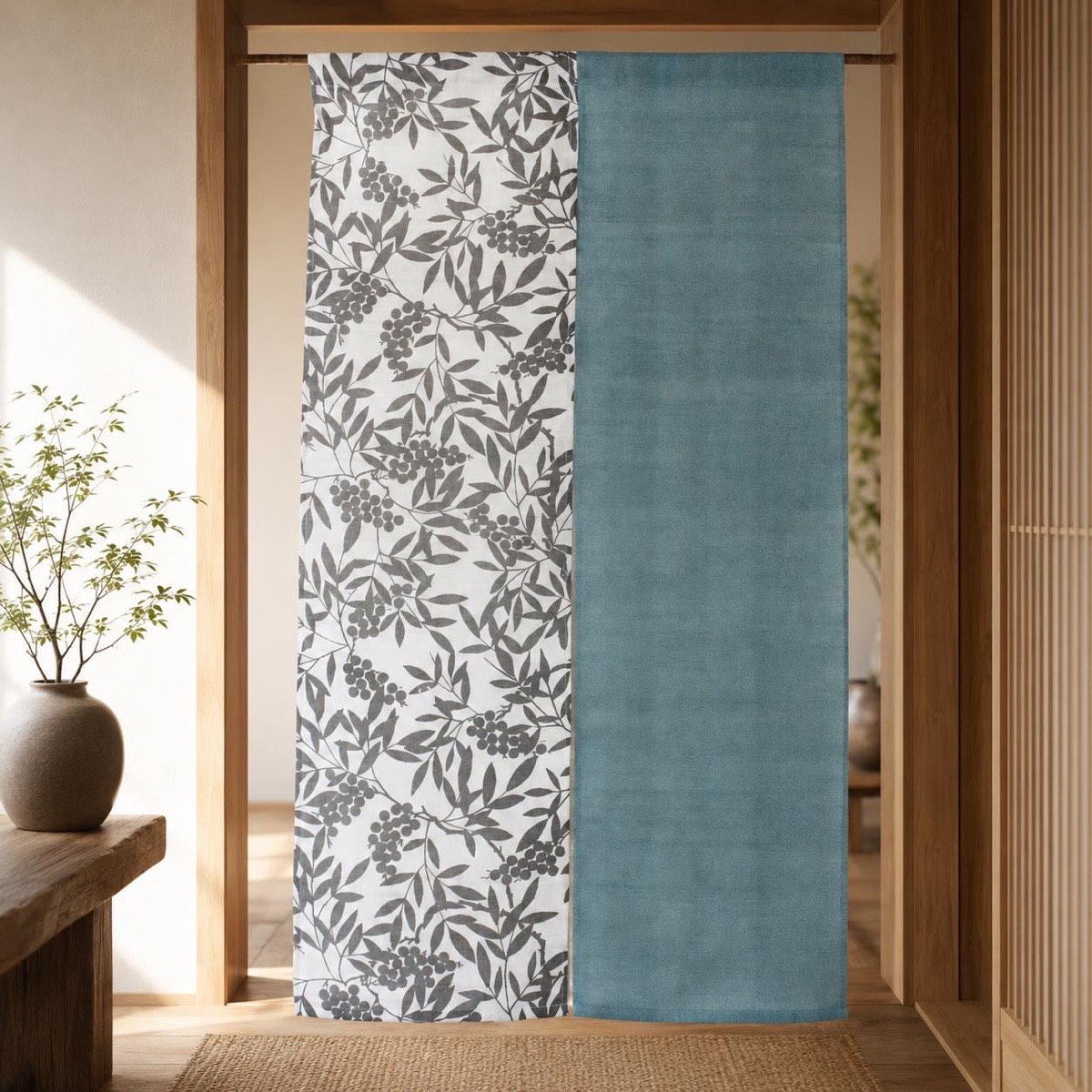 Japanese Linen Noren Curtain, Nanten Motif, Mountain Indigo, 33.1 x 59.1 in — view 1