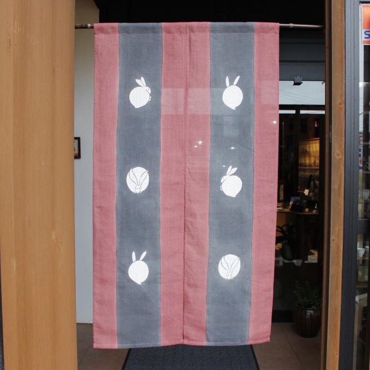 Japanese Linen Noren Curtain, Rabbit Motif, Deep Crimson, Ibira Weave Home Decor — view 2