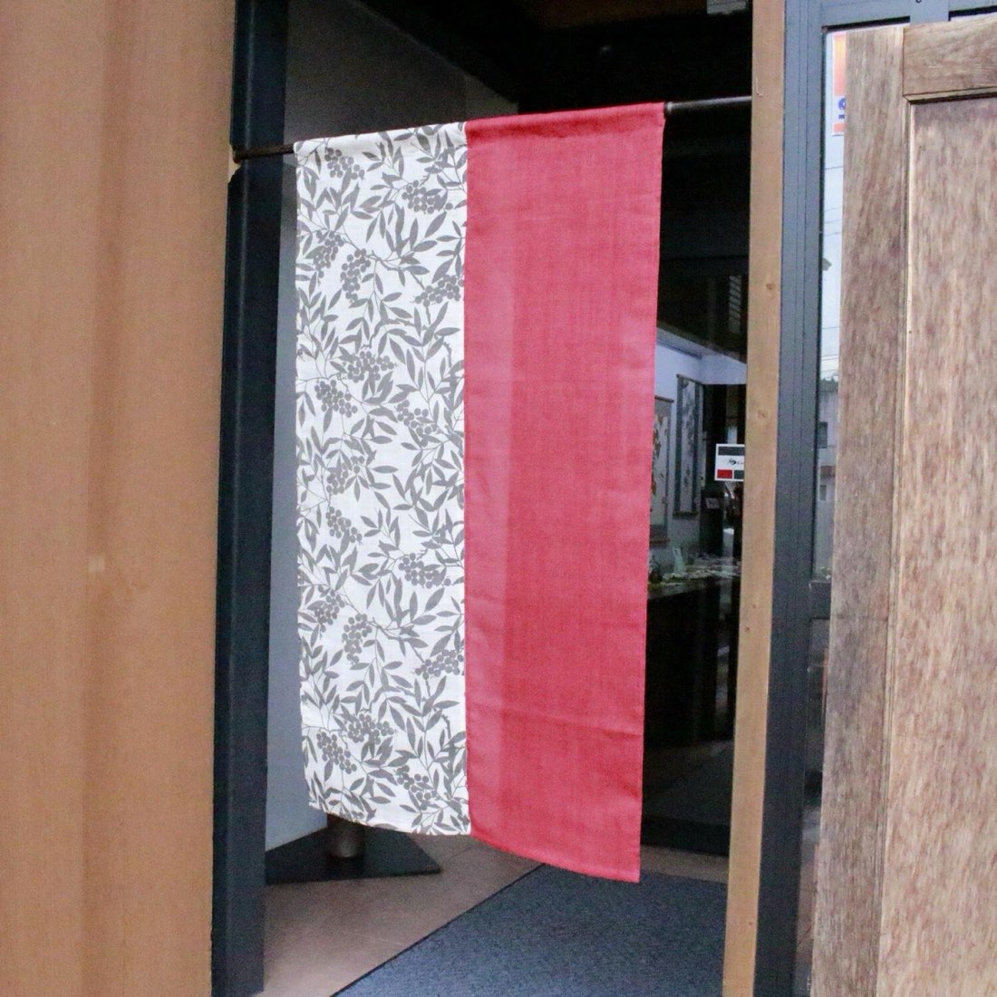Japanese Linen Noren Curtain, Red Nanten Motif, Handwoven Iono Fabric, 33.1 x 59.1 in — view 2
