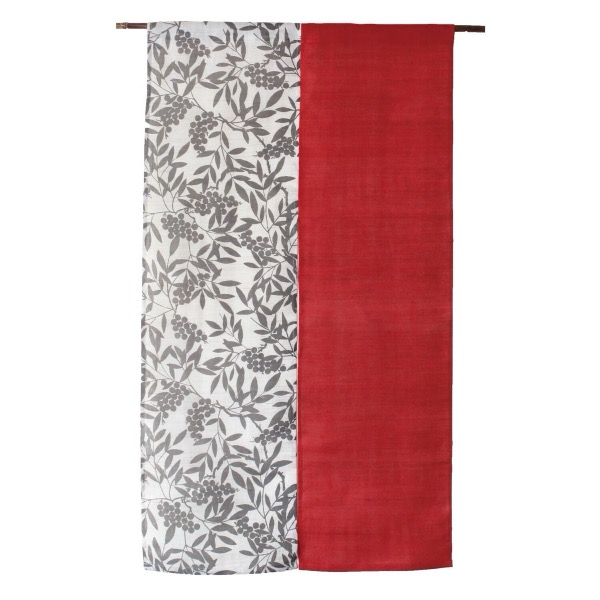 Japanese Linen Noren Curtain, Red Nanten Motif, Handwoven Iono Fabric, 33.1 x 59.1 in