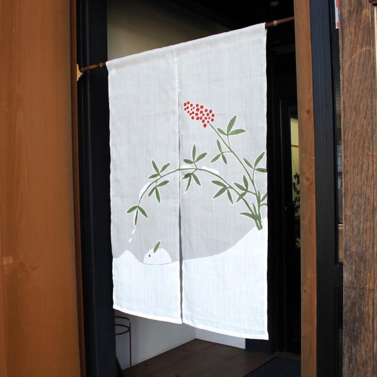 Japanese Linen Noren Curtain, Snow Rabbit Motif, Pine Soot Gray, Chijimi Cloth — view 2