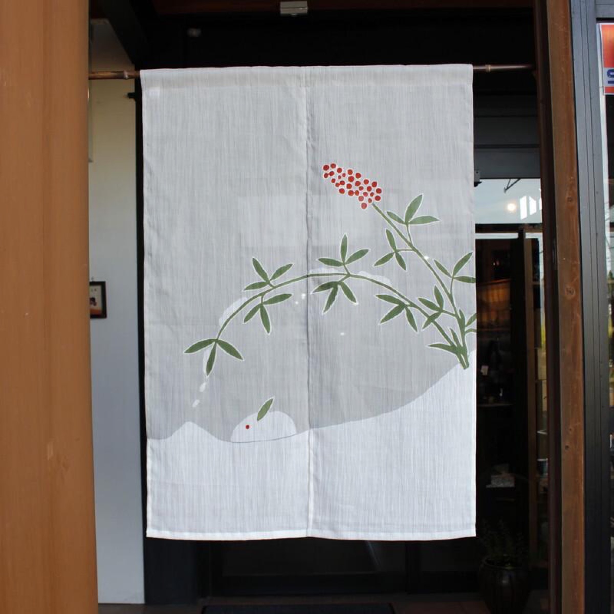 Japanese Linen Noren Curtain, Snow Rabbit Motif, Pine Soot Gray, Chijimi Cloth — view 9