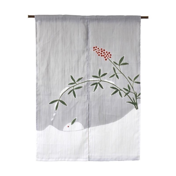 Japanese Linen Noren Curtain, Snow Rabbit Motif, Pine Soot Gray, Chijimi Cloth